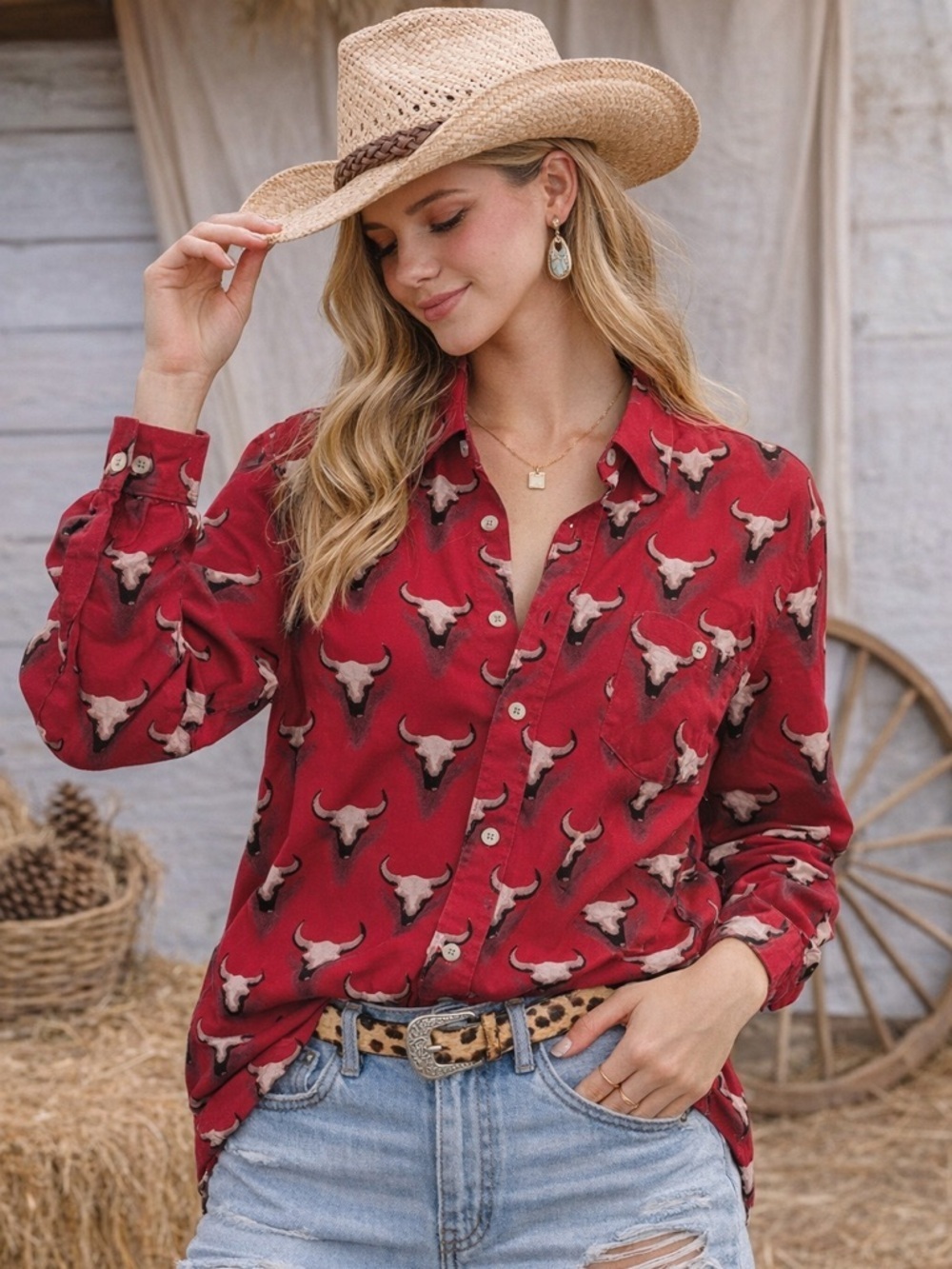 Vintage Women’s Barn Fly Bull Skull Print Button-Up Shirt, Size Medium